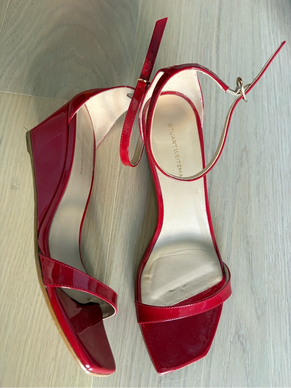 Stuart Weitzman nudistcurve lipstick red patent Wedge Sandals